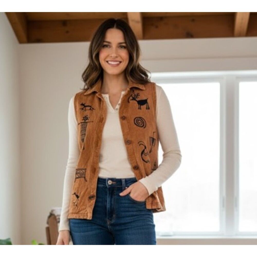 BFOFO Tribal Vest Vintage 90s Brown Aztec Petroglyphs Canada Womens Size M